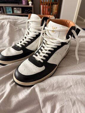Louis Vuitton Noir Black & White High-Top Sneakers  Gold Accent